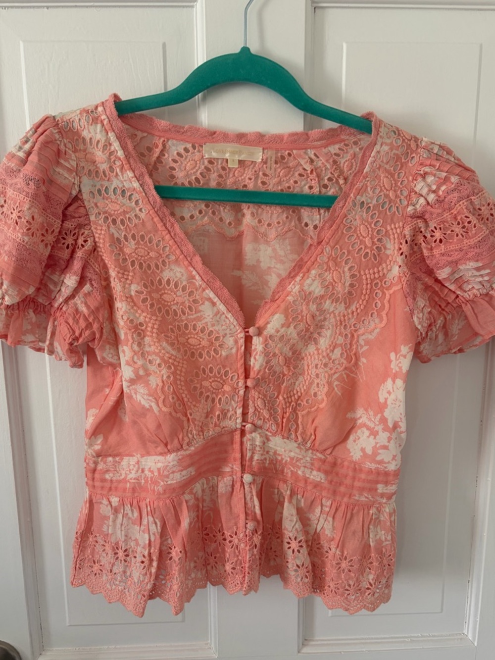 LoveShackFancy Coral Pink Lace-Trim Floral Peplum Blouse